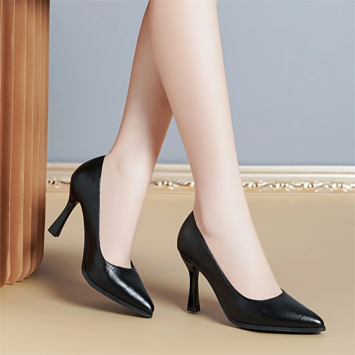 Women's Pointed Toe High Heels, Classic Black PU Faux Leather Pumps, Elegant Stiletto Dress Shoes for Office & Evening Wear