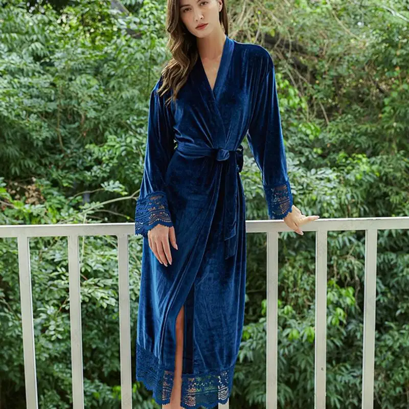 

Autumn Winter Velvet Nightgown Kimono Robe Sleepwear Dressing Gown Nightdress Sexy Lace Long Nightwear Bathrobe Loose Home Wear