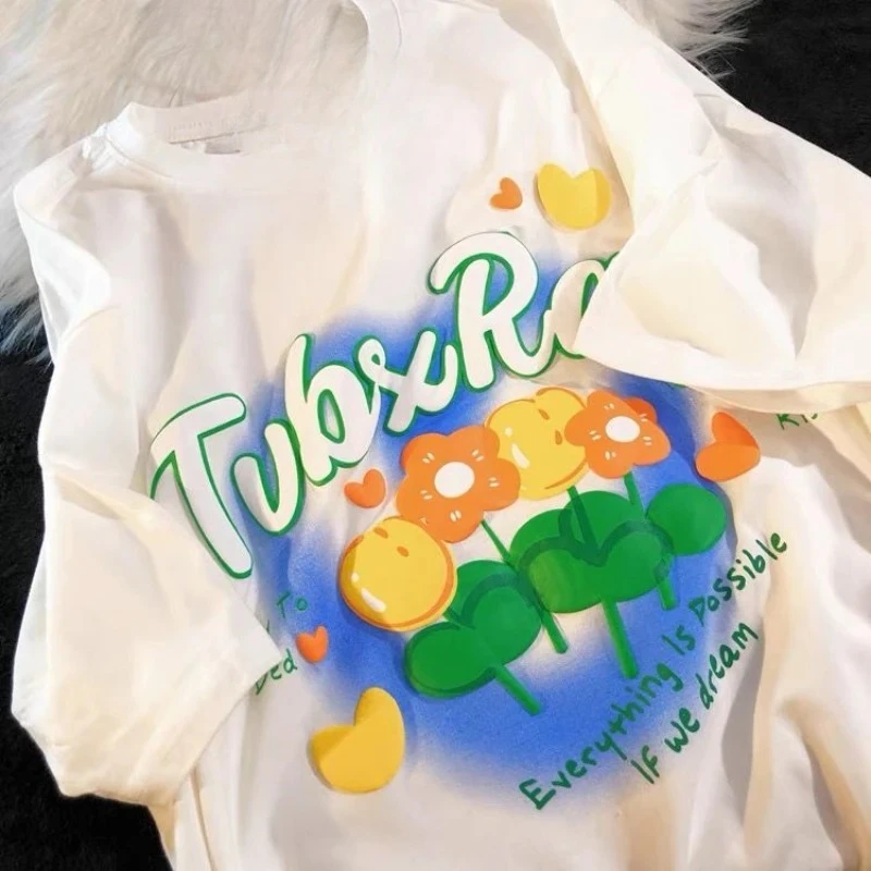 Hand-painted T-shirts Women Loose Summer Kawaii Basic Korean Style Ins Students Fashion Ulzzang Simple All-match  Chic O-neck