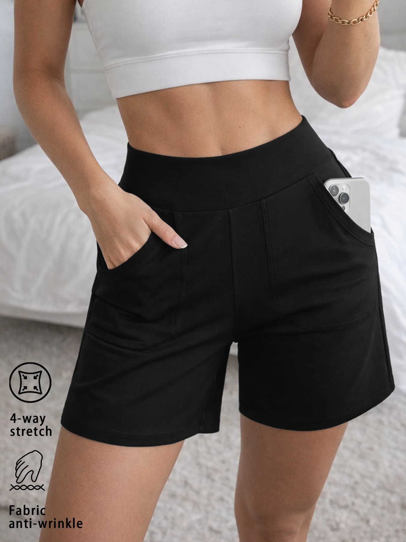 Shorts Bermuda para Mujer con Bolsillo, Shorts Largos de Cintura Alta para Mujer, para Correr, Hacer Ejercicio, Deportivos