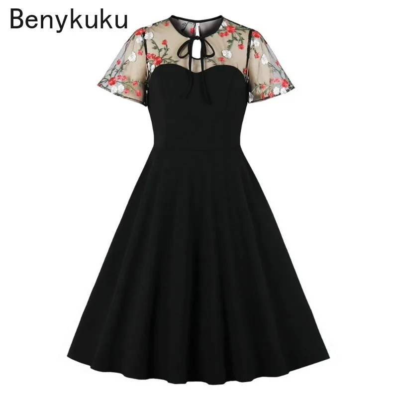 Embroidery Floral Mesh Contrast Black Dress 2025 Summer Knot Keyhole Front Evening Birthday Party Clothing Women Vintage Dresses