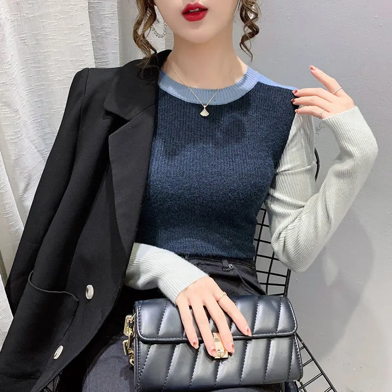 Spring Autumn Fashion Round Neck Long Sleeve Pullovers Women\'s Clothing Patchwork Color Blocking Casual Knitting bottoming shirt