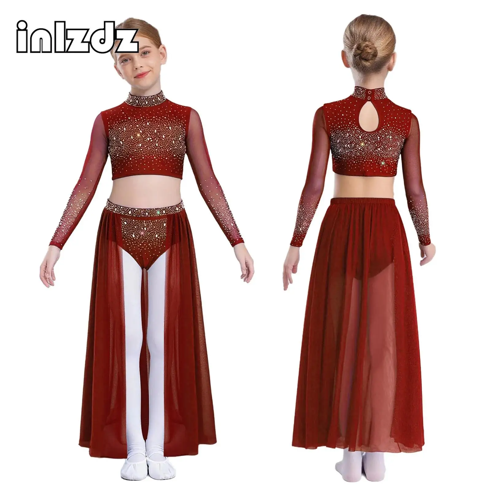 

Kids Girls Lyrical Dance Outfits Modern Dance Figure Skating Performance Set Long Sleeve Rhinestones Crop Top+Skirt 2-piece Set
