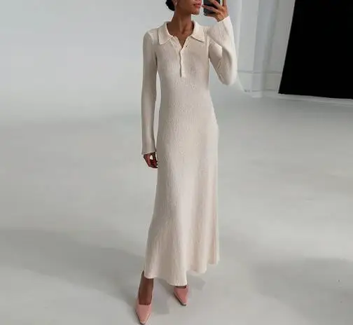 

2025 New Women's Lapel Button Long Sleeved Pure White Knitted Long Skirt
