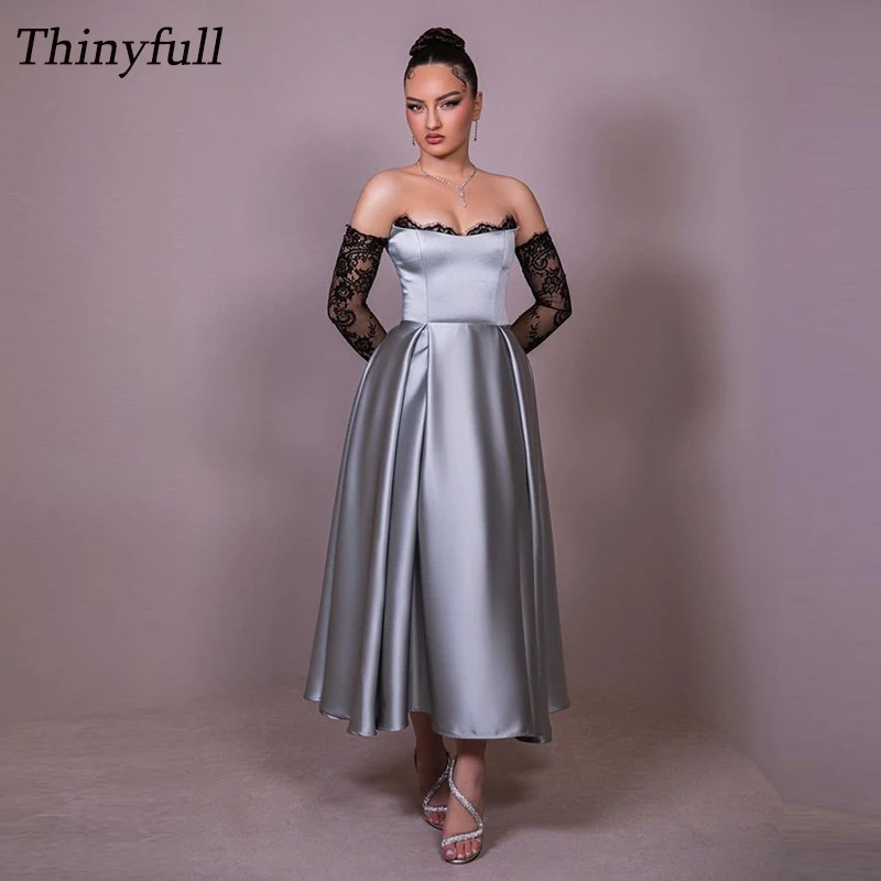 

Thinyfull A-line Satin Prom Dresses Strapless Detachable Sleeves Evening Gown Custom Made Formal Occasion Dress Robe De Soirée