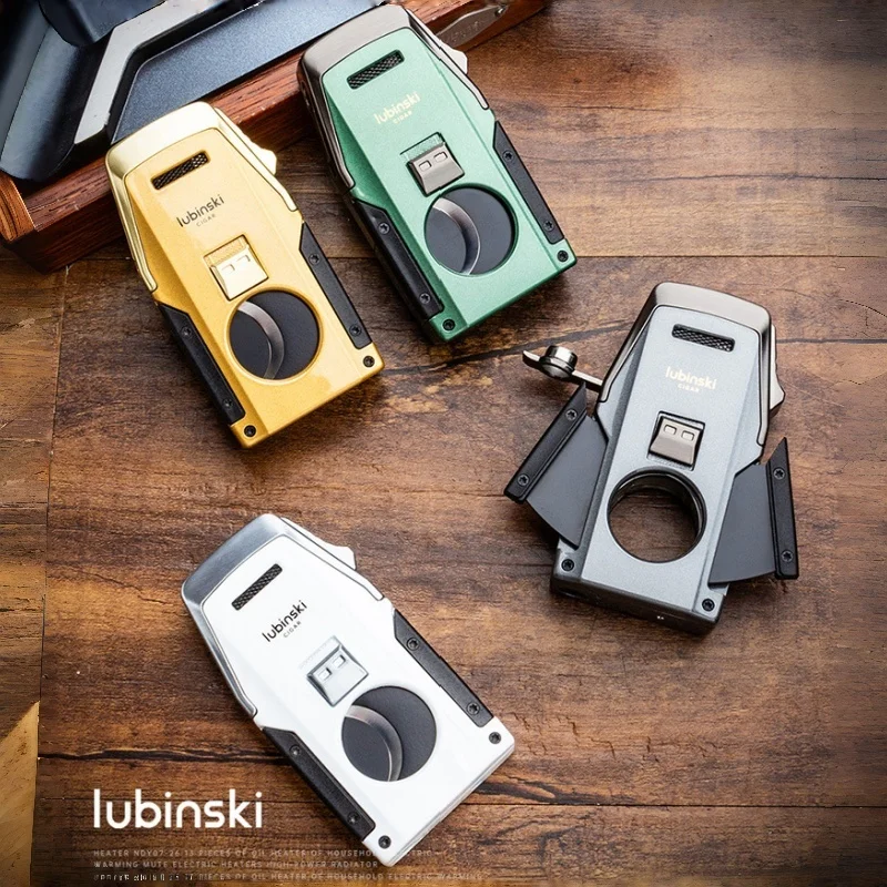 

LUBINSKI Cigar Lighters Turbo Dual Flame Jet With Metal Hole Opener Cigar Cutter Holder Windproof Portable Lighter Men's Gift
