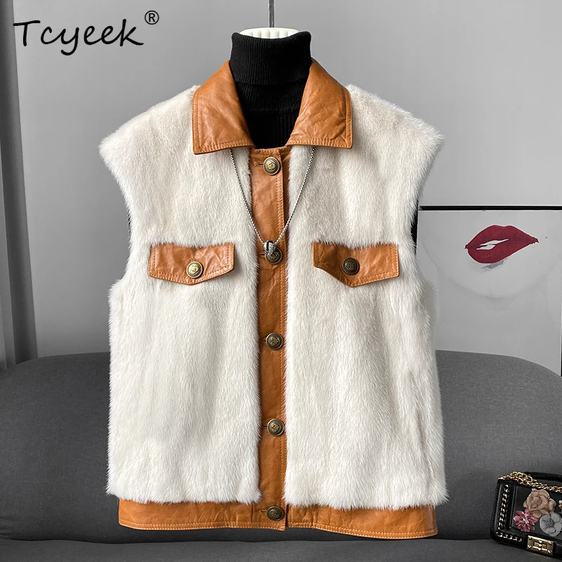 Tcyeek Real Mink Fur Vest Women 2025 Winter Clothes Sleeveless Warm Natural Fur Vests for Woman Whole Mink New in Outerwear