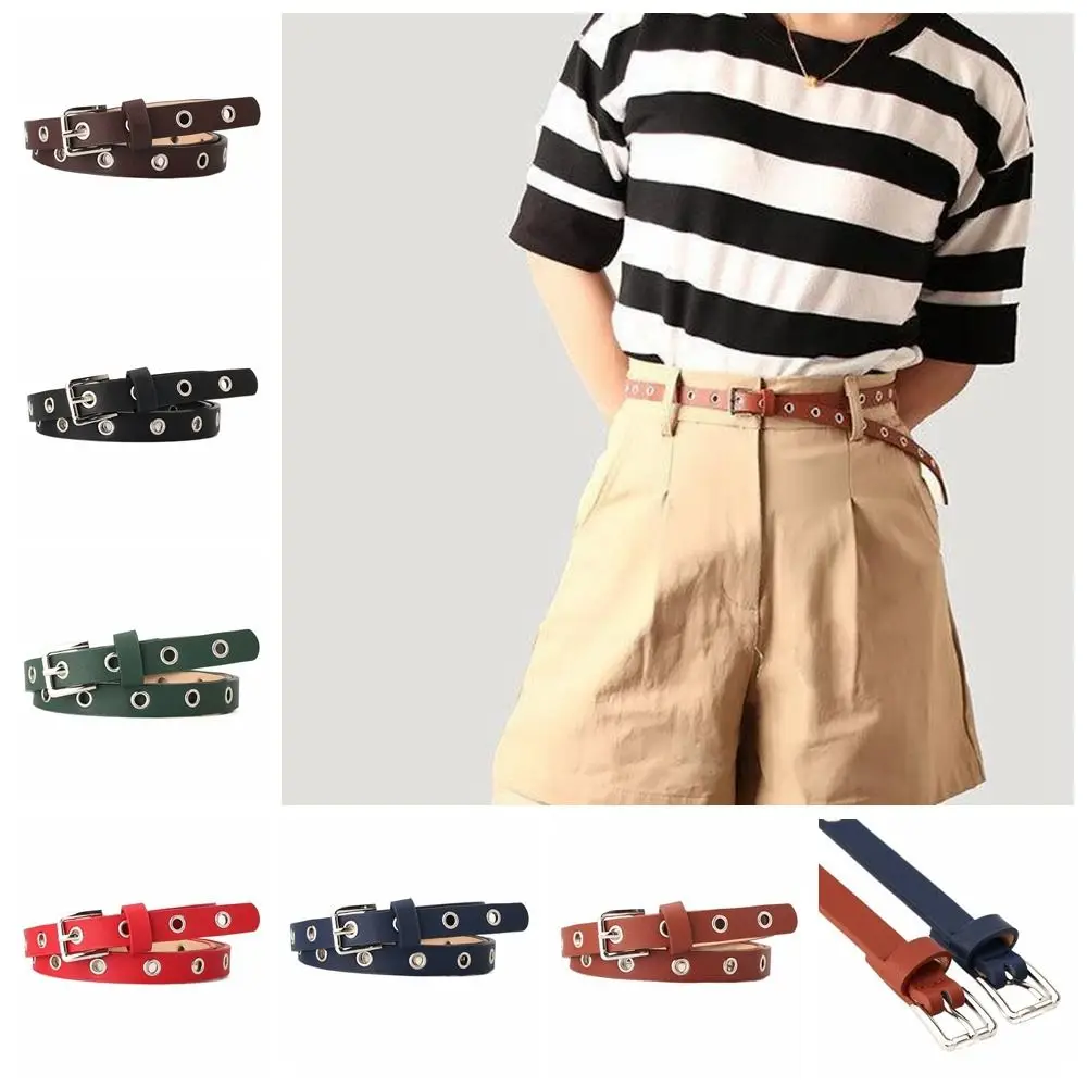 

Korean Alloy Pin Buckle Waist Belts Grommet Eyelet PU Leather Waistband Thin Holes Hollow Waist Bands for Women Women