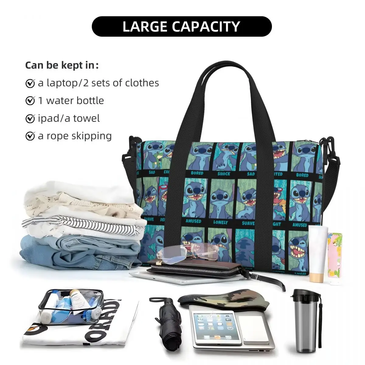 Custom Emotions Of Stitch Beach Tote Bag for Women Large Compartment Beach Gym Travel Bags