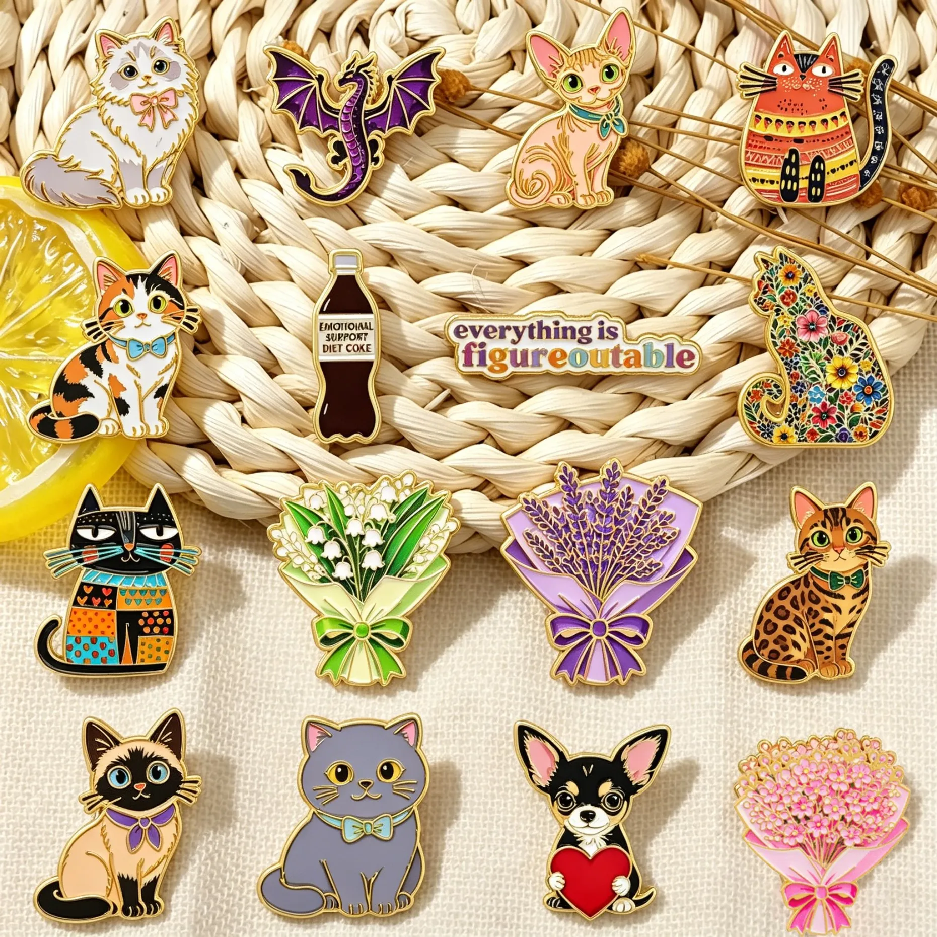 Flowers Enamel Pin Cartoon Cat Badge On Backpack Lapel Pins Cute Brooches for Jackets Cosplay Accessories Gift Toys
