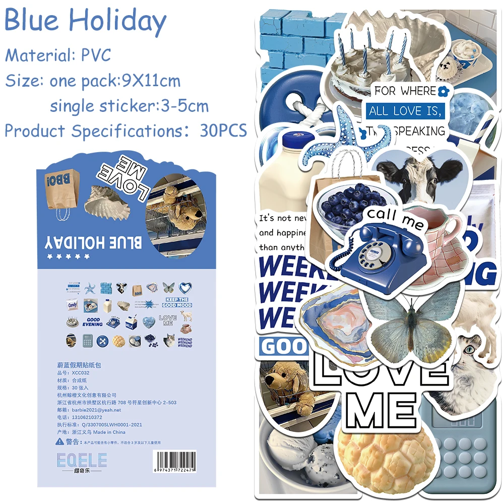 

30pcs/pack Blue Holiday Sticker Pack Decals For Phone Laptop Refrigerator Scrapbook DIY Aesthetic Stickers Kids Creative Gifts