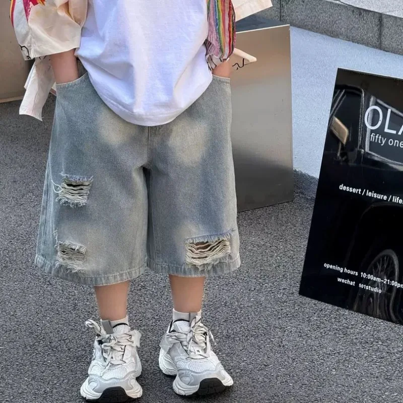 Summer Boys Distressed Jeans Shorts Fashionable Loose Fit Boys Shorts Versatile Casual Denim Shorts for Kids Trendy Hot Sale​