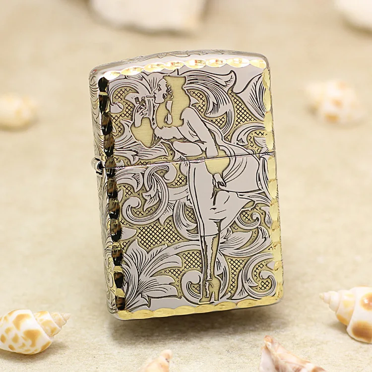 

Genuine Zippo oil lighter copper windproof Fine carving Girl in the wind cigarette Kerosene lighters Gift anti-counterfeiting