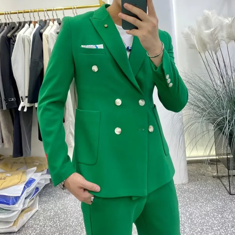 

FALL Korean Blazer High Quality Suit Wedding Dress Suit 2 Pieces Costume Homme Mariage Green Slim Trajes De Boda Para Hombre