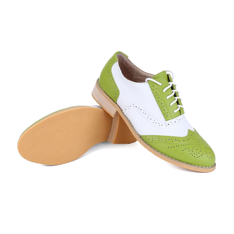 Women\'s Shoes Green White Genuine Leather Shoes Women\'s Custom Handmade Oxford Shoes Flat Heeled Women\'s Footwear