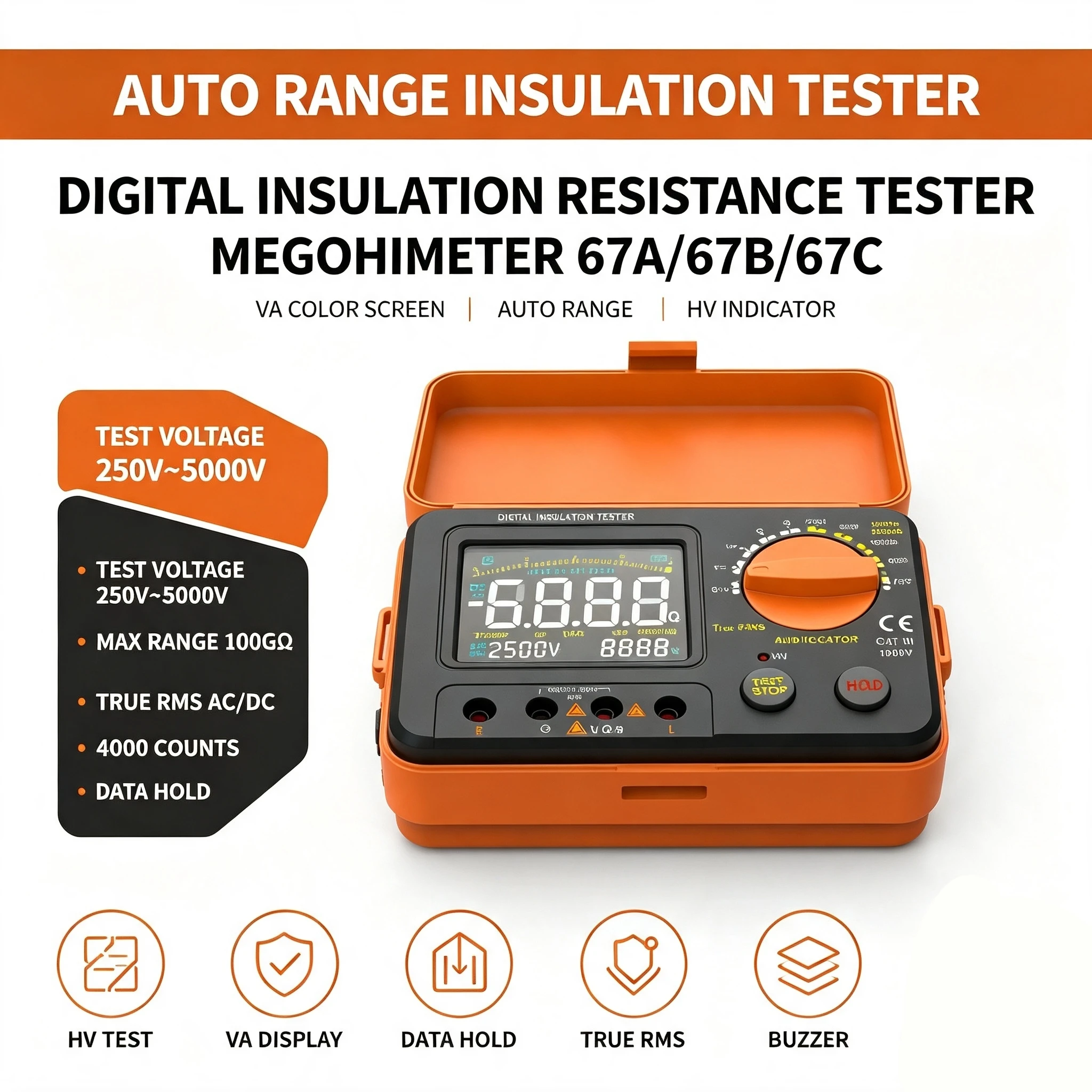 Insulation Resistance Tester Megohmmeter Auto-Ranging VA Color Display 250V-5000V 100GΩ for Motor Cable Transformer Maintenance