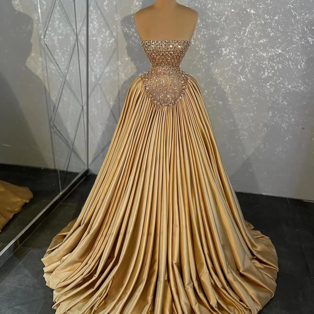 

Luxury Evening Dresses Crystal gold pleated A-line dress Dubai Puffy dress prom dresses Long Ball Gowns gala dresses