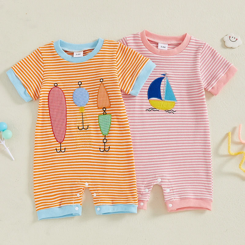 

Комбинезоны для маленьких мальчиков и девочек 0-18 месяцев, комбинезоны с короткими рукавами и круглым вырезом, комбинезоны с графической вышивкой для новорожденных