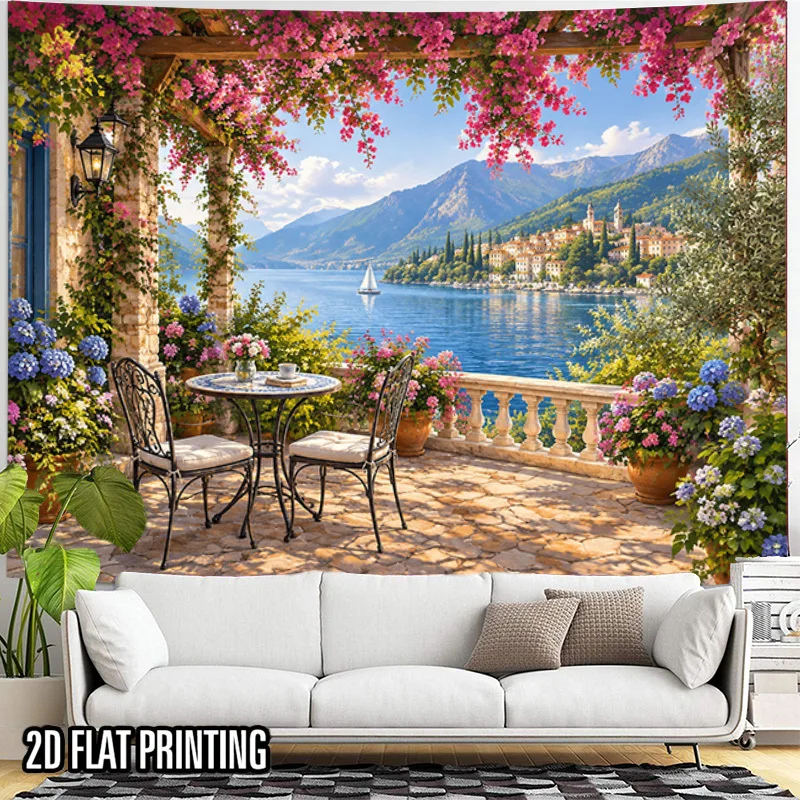 Tuscan Garden View Tapestry Wall Hanging, Flower Covered Terrace Lake Mountain Town Landscape Home Party Wall Hanging Art Decor