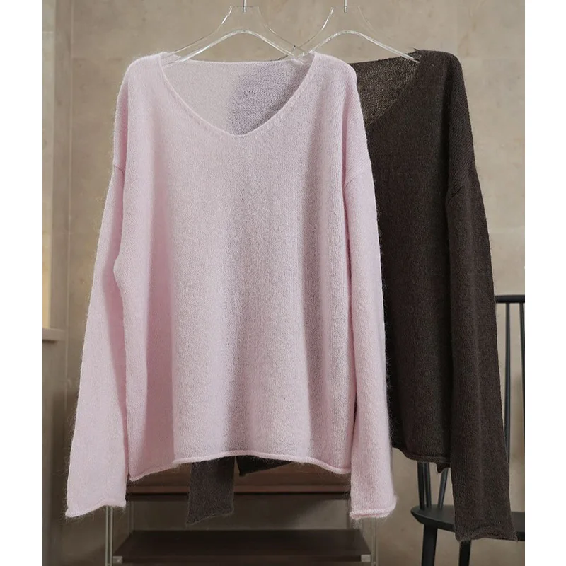 Women Solid Mohair Wool Sweaters Ladies Loose Long Sleeve Thin Knitwear 2024 Spring Autumn Korean Fashion Knitted Tops