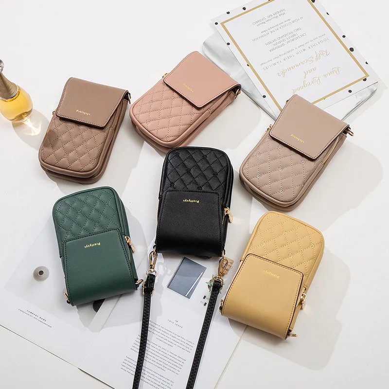 Diamond-patterned PU leather vertical square mobile phone bag, simple flip cover buckle single-shoulder women's crossbody bag