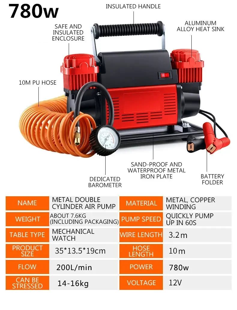 780W/1080W Double Cylinder Electric Car Air Pump High Power High Pressure Car Air Pump Pounding Pounds Suv Refueling 12V/24V