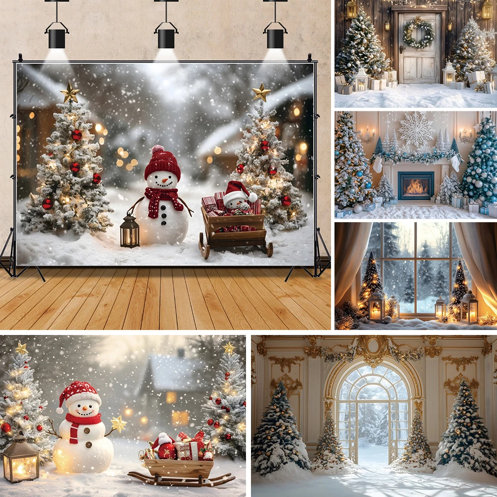 

Christmas Backgrounds Photography 2024 Photocall Xmas Tree Window Barn Door White Snowy Home Party New Year Backdrop Photo Prop