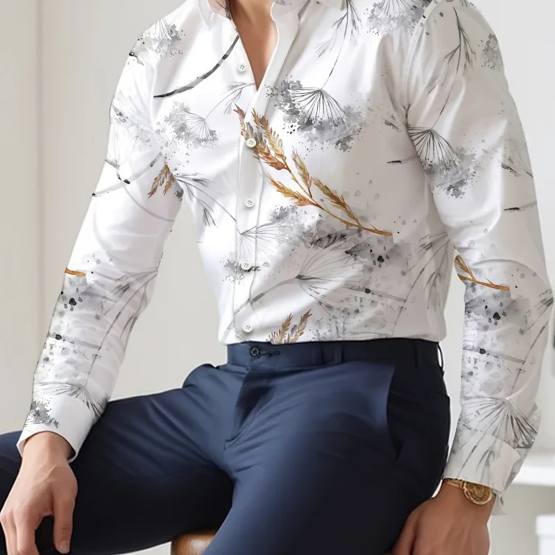 Men's elegant floral shirt, luxurious black and gold printed pattern, regular fit casual top for formal wear - essential for wed