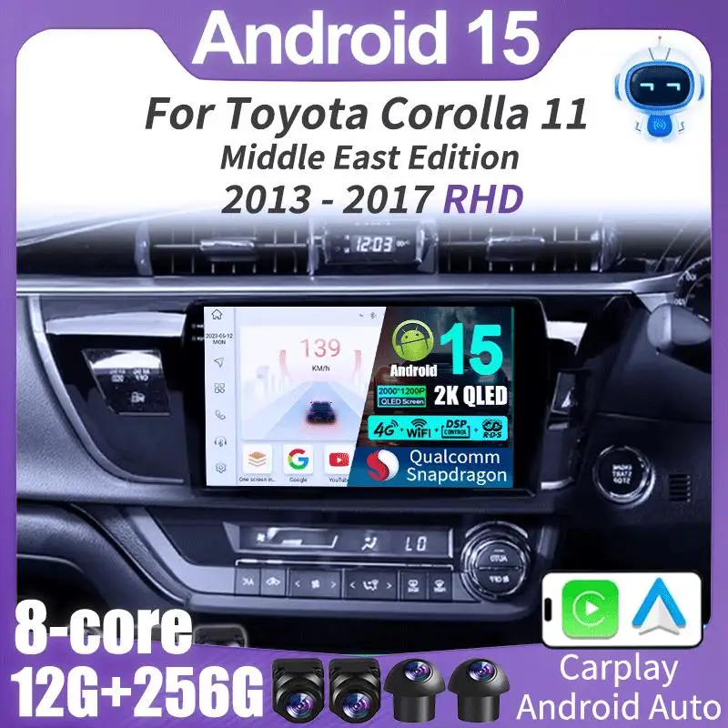 Android 15 Carplay For Toyota Corolla 11 Middle East Edition 2013 - 2017 RHD Multimedia Player Auto Head Unit Stereo Car Radio