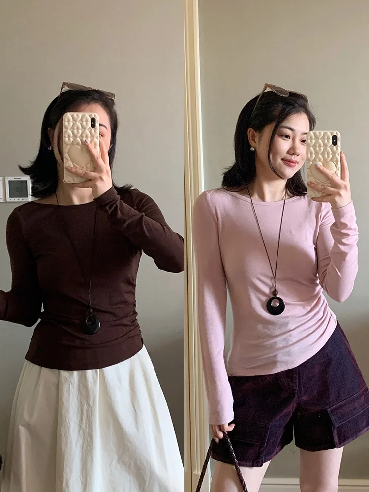 

Autumn New Sle Women's Slim Fit Long Sve T-irt Lyocell Wool Elastic Base Layer Soft Casual round Ne Top
