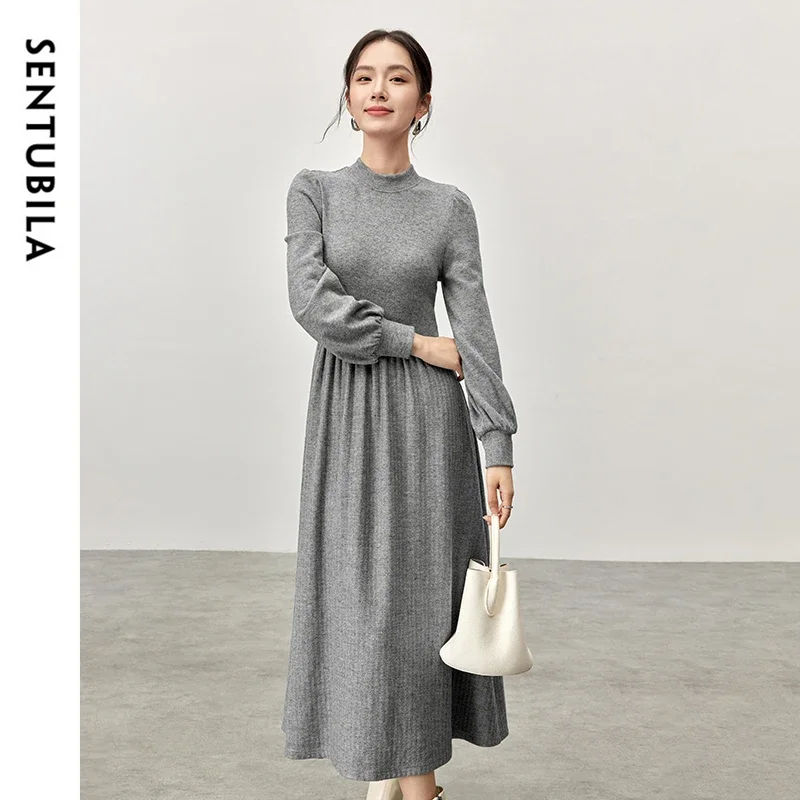 

SENTUBILA Women A-line Knitted Dresses 2024 Winter Commuter Retract Waist Solid Simple Cozy O Neck Long Sleeve Dress 144L57052