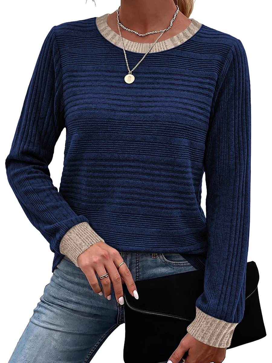 Loose for Fit Women\'s Long Sleeve For Crew Neck Pullover Sweater with Color-Block Design for Summer Vacation and Active
