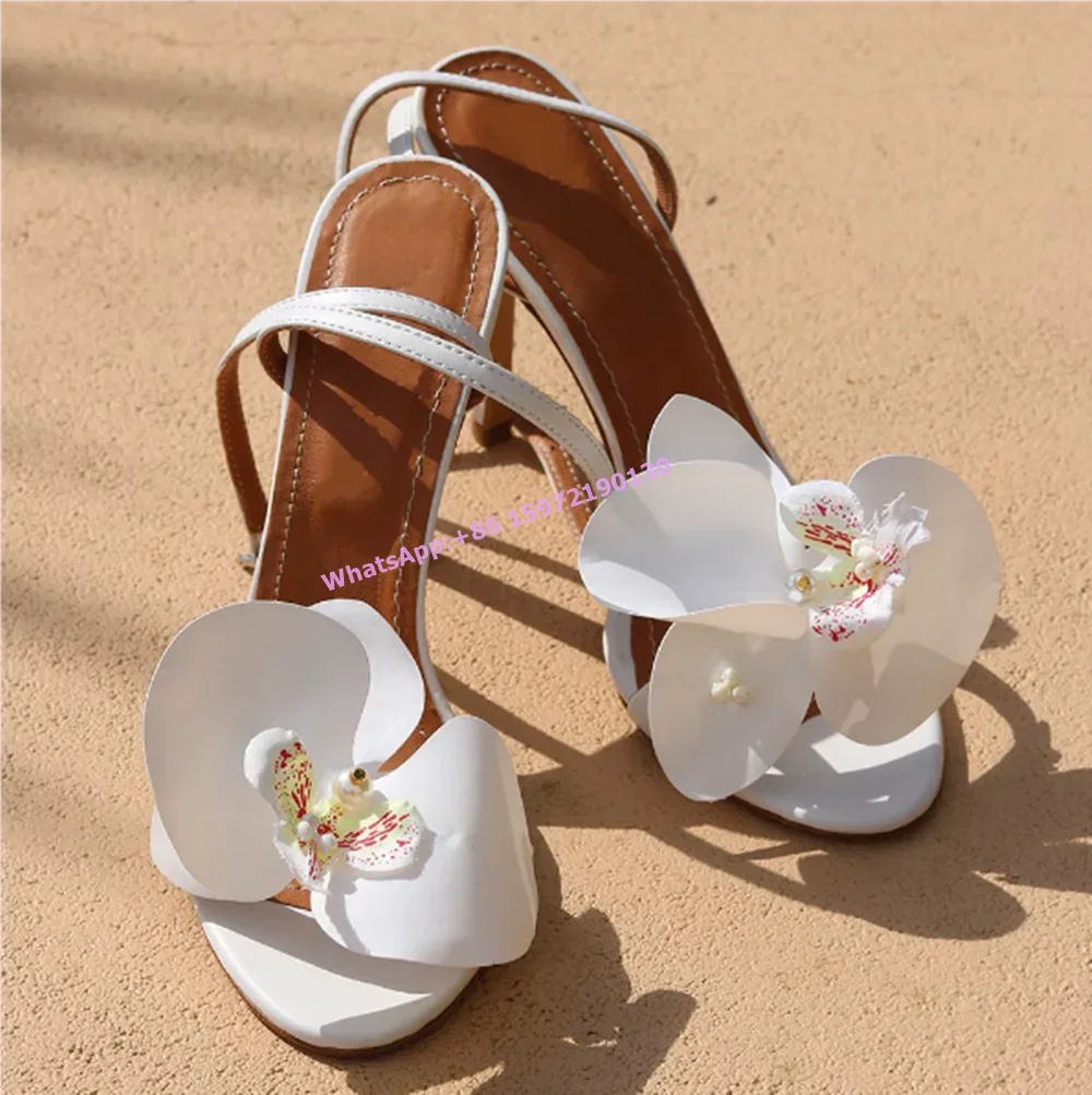 White Flower Cross Tied Sandals Round Toe Thin Heels Ankle Band Shoes Summer Lovely Sexy Boat Orchids Summer Vocation Shoes