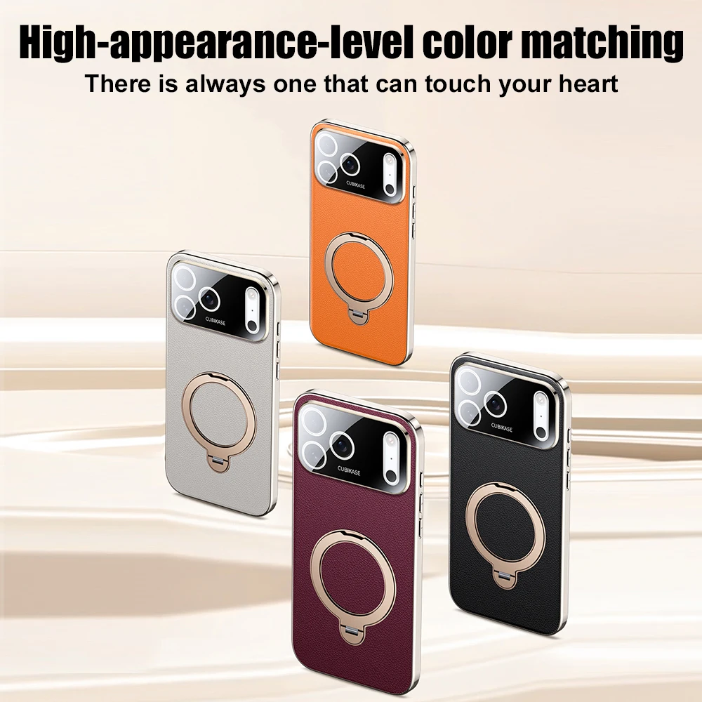 

Electroplated Frame Phone Case With Stand For iPhone 17 Pro Max 17 16 Pro Max 16 15 13 14 Air Vegan Leather Cover Funda Luxury
