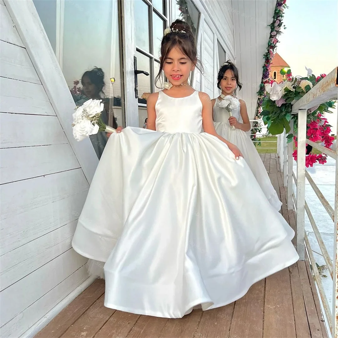 Sukienka komunijna z białą sukienką dla dziewczynki sypiącej kwiatki na wesele, rozmiary 2-14, dekolt okrągły, odkryte plecy, pierwsza kokarda/tren, sukienka na przyjęcie urodzinowe szyta na miarę.