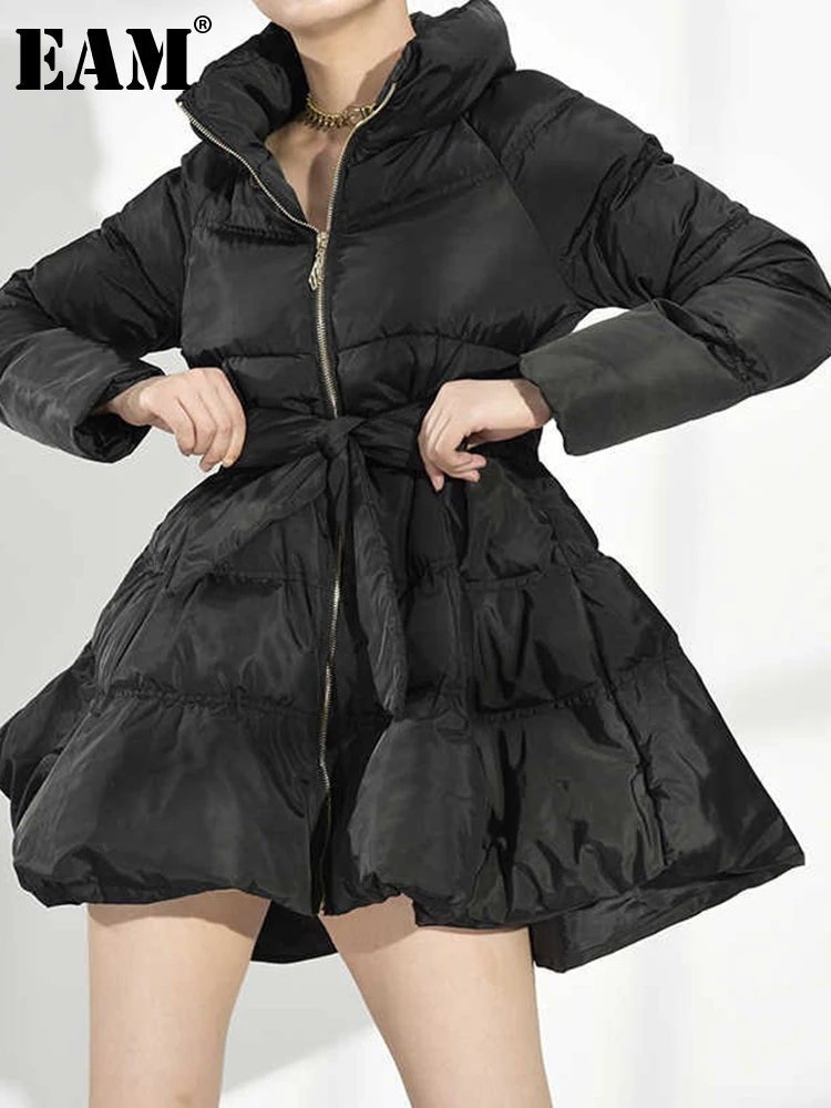 [EAM] Black Bandage Bow  Cotton-padded Coat Long Sleeve Loose Fit Women Parkas Fashion Tide New Autumn Winter 2024 1DH5282