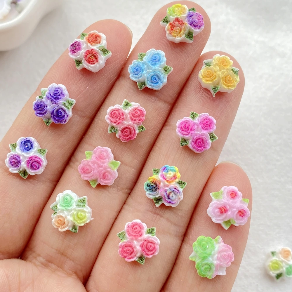 50Pcs New Cute Resin Mini Colorful Tricolor Flowers Flat Back Ornament Jewelry Making Manicure Hairwear Accessories