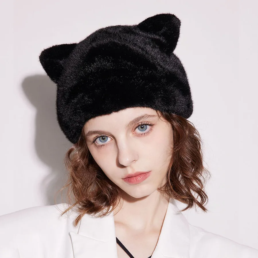 인기 스타 스타일 귀여운 고양이 귀 모양 인조 여우털 모자 여성 겨울 두꺼운 플리스 풀오버 캡 패션 비니 모자