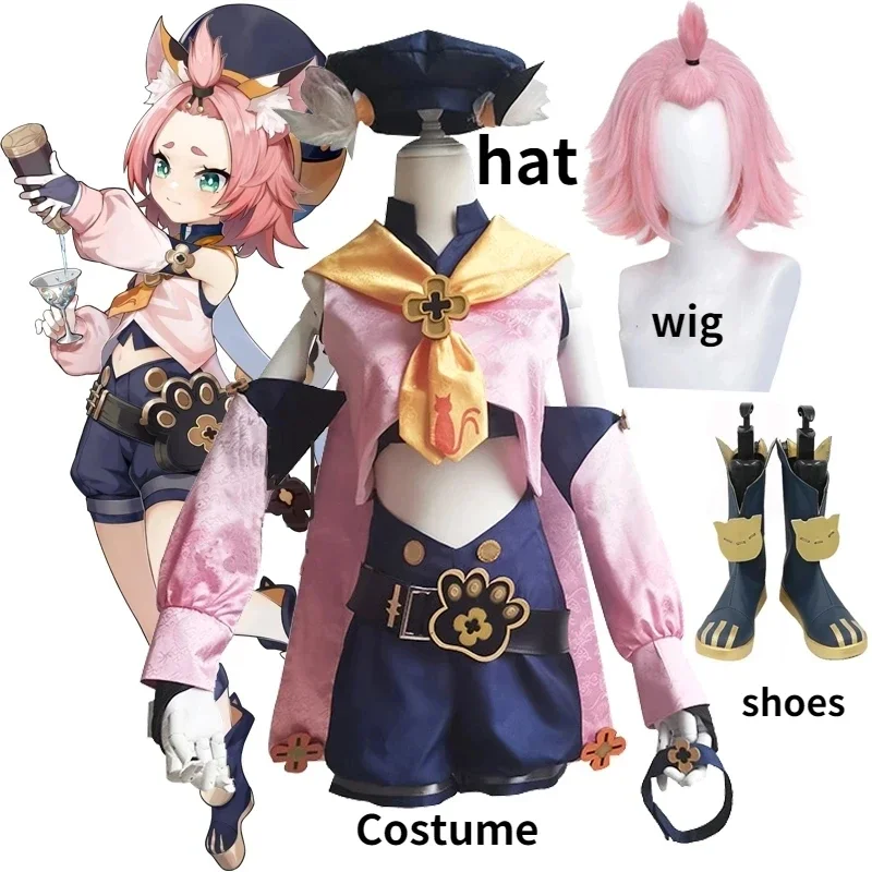 

Game Genshin Impact Diona Cosplay Costume Diona Outfits Dress Uniforms Short Pink Wigs Shoes Boots Women Halloween Costume