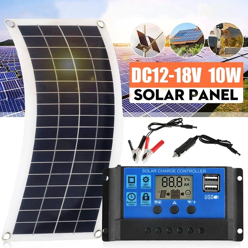 Solar Pane For Home Complete Kit Outdoor Camping Dual Output 10W Flexible Solar Pane + Controller For Car Yacht Battery Charger
