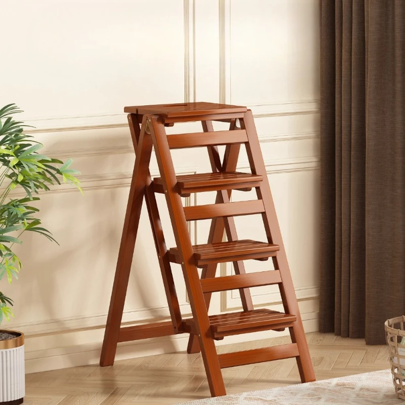 

Solid Wood Step Stool 3-in-1 Foldable Ladder Seat Multi-Functional Footstool Convertible Step Ladder Space-Saving Home Furniture