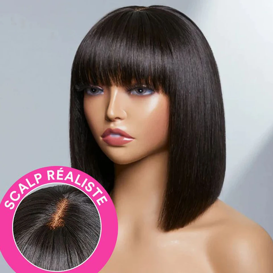 

Mongolian Straight Bob Human Hair Lace Wig With Bangs Glueless Lace Wigs With Fringe Middle Part Bob Lace Wigs Realistic Scalp