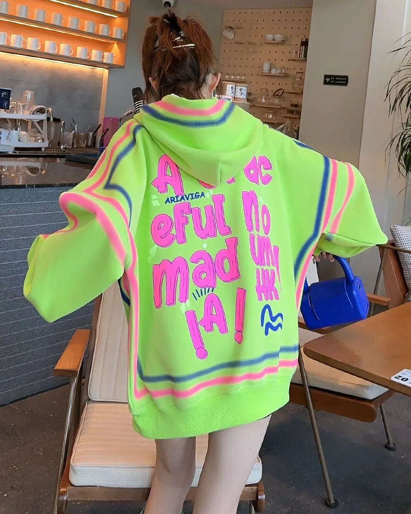 Large Graffiti Sweatshirt for Women, European Goods, Spring and Autumn Hoodies, Y2k Trend Fashion, Tie Dye, Loose Leisure Hoodie