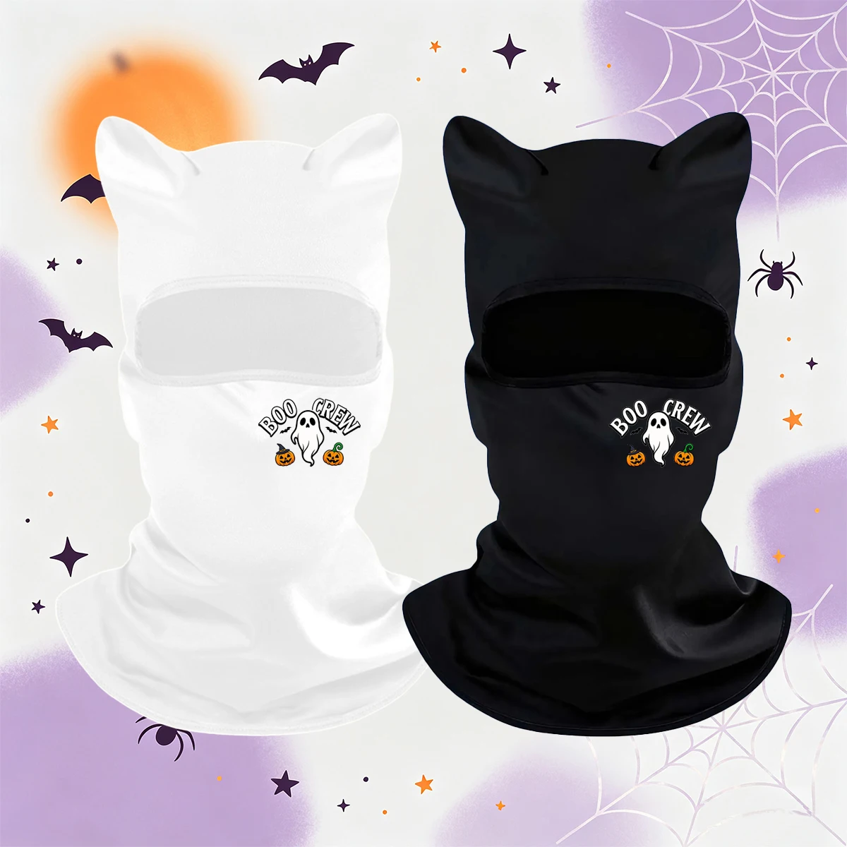 Halloween Cat Ear Balaclava Face Mask, BRO CREW Print Design,Lightweight Stretchy Full Head Neck Cover, Ski Mask Halloween Party