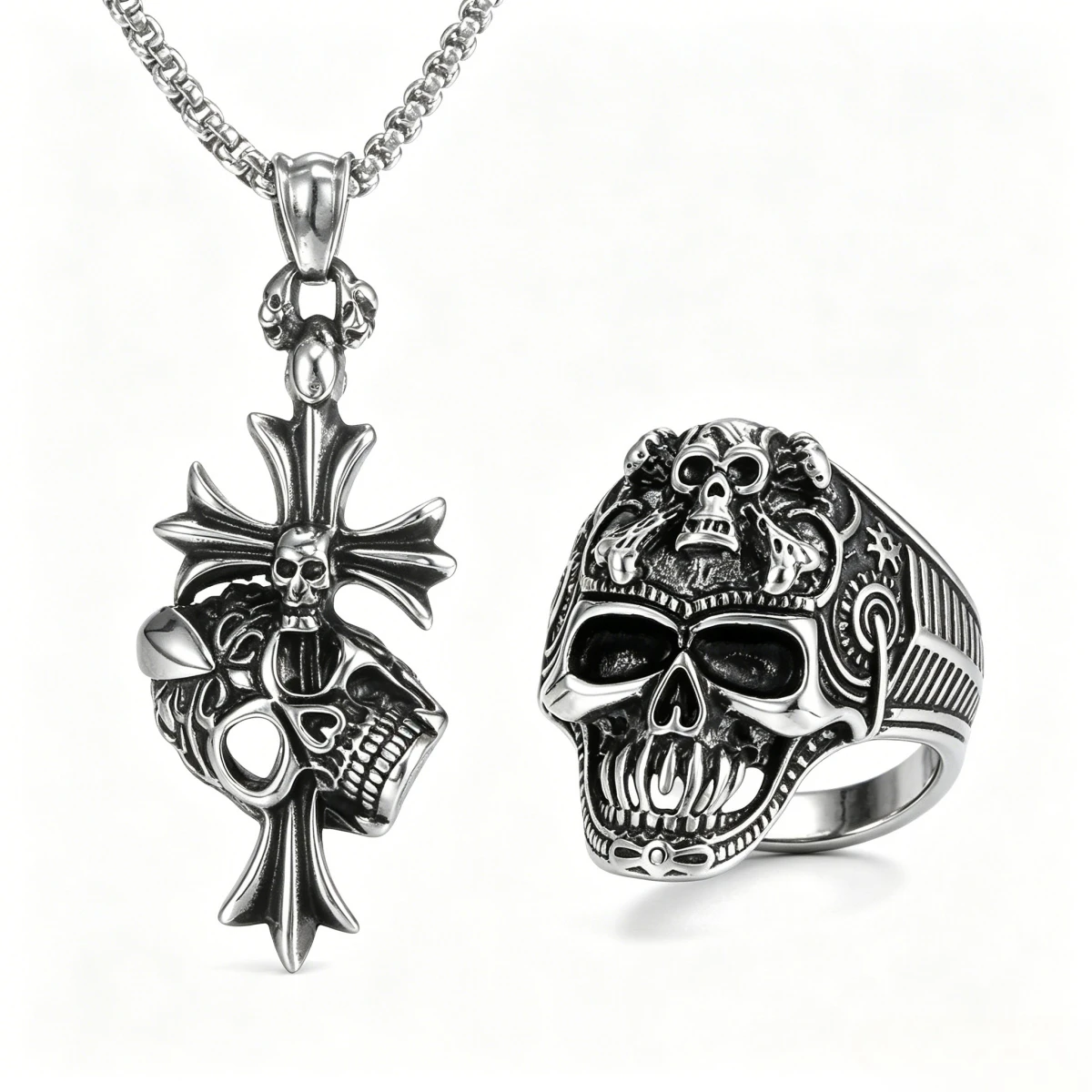 

2Pcs Gothic Punk Skull Jewelry Set, Stainless Steel Cross Skull Necklace & Vintage Skull Ring, Biker Statement Jewelry for Men