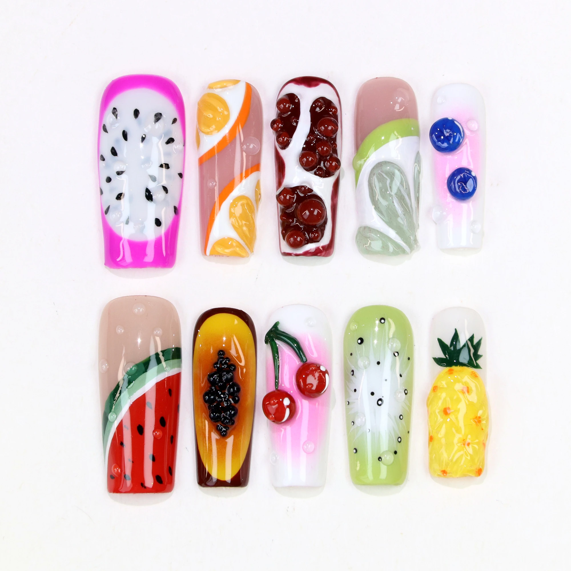 

10 шт. 3D маникюр ручной работы на ногти, акриловые поддельные красивые длинные гробы с ручной росписью, фрукты, индивидуальный дизайн, праздничные ногти
