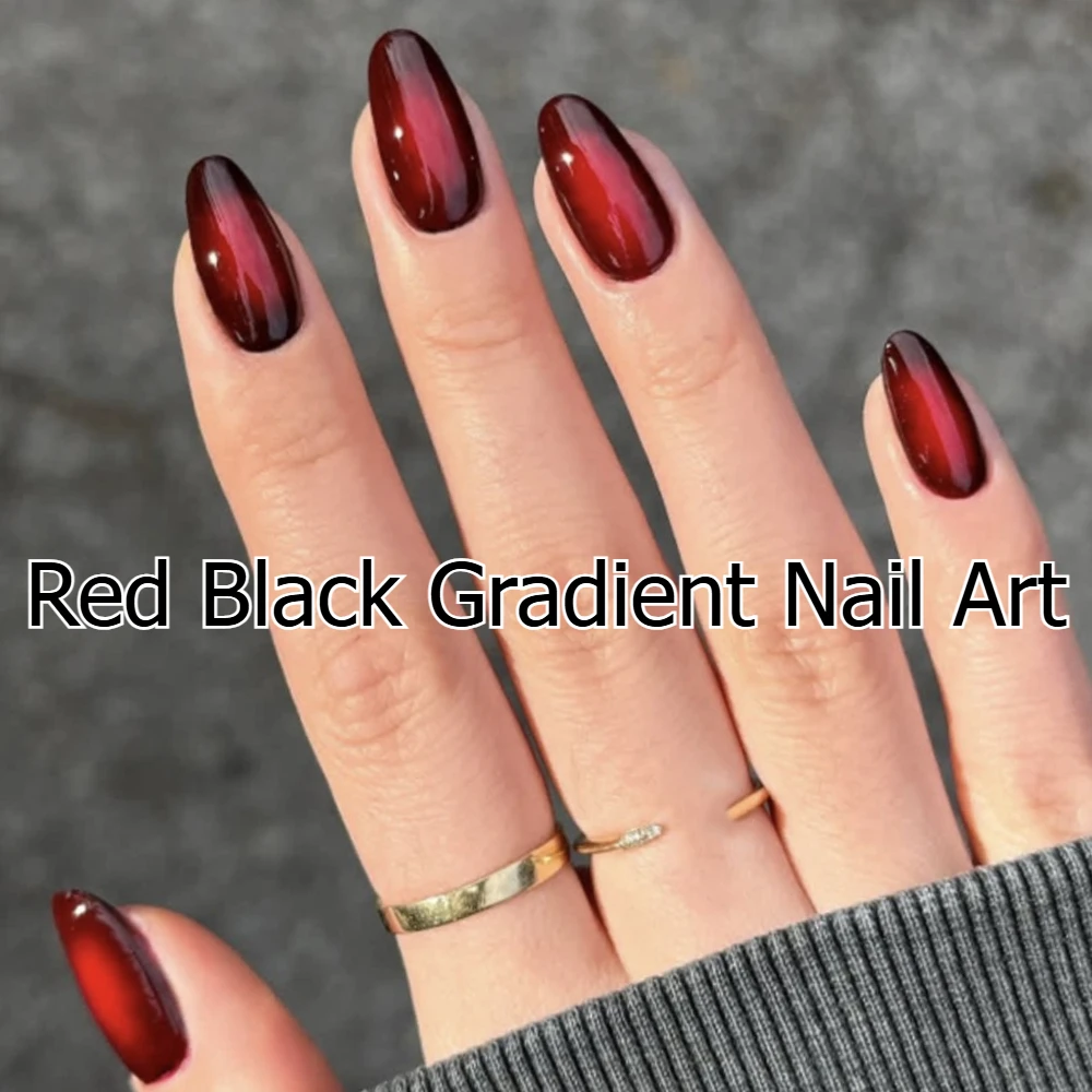 

Red Halo Dyeing Gradient Black Wearable Nail Art Chic Y2K Short Almond False Nails Detachable Finished Fake Nails Press on Nails