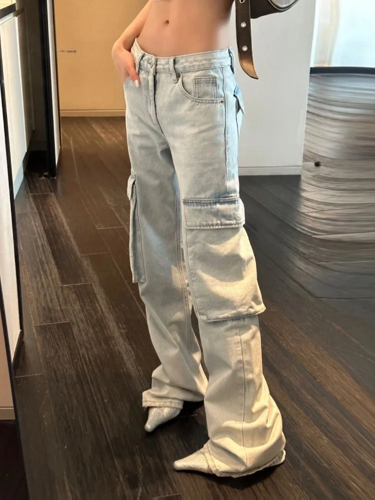 Oversize Ashed Multiple Pockets Denim Cargo Pants Women American High Waist Straight Trousers 2025 New Loose Wide Leg 