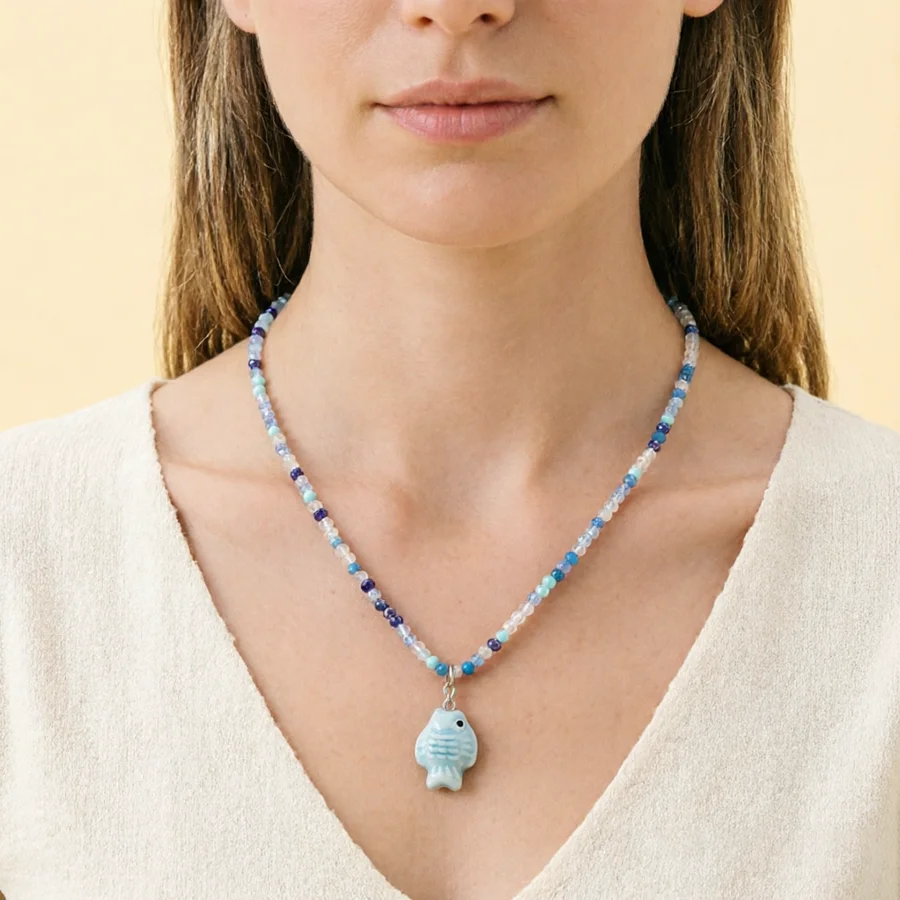 Vacation Style Ceramic Fish Pendant Necklace Women Apparel Accessories Colorful Rice Beads Collar Jewelry Female Beach Trinkets