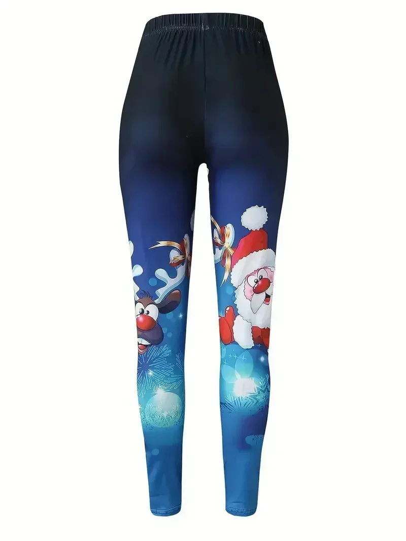 Women\'s Plus Size1XL-5XL Casual Christmas Leggings Ladies Santa Claus Reindeer Print Elastic High Rise Slight Stretch Leggings